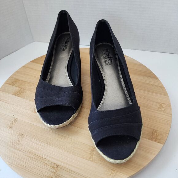 COACH AND FOUR Womens Open Peep Toe Espadrille Black Canvas Sandals Sz 8.5 - Picture 1 of 16